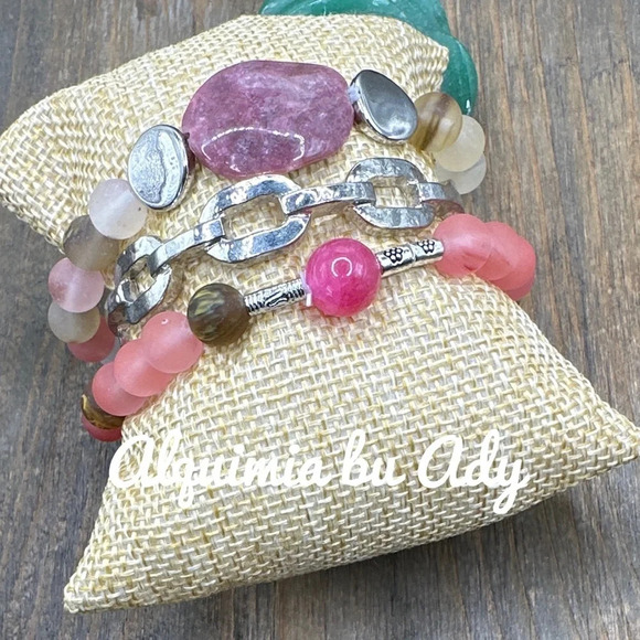 Watermelon chunky Tourmaline / green agate beaded statement bracelet /maximalist - Picture 2 of 3